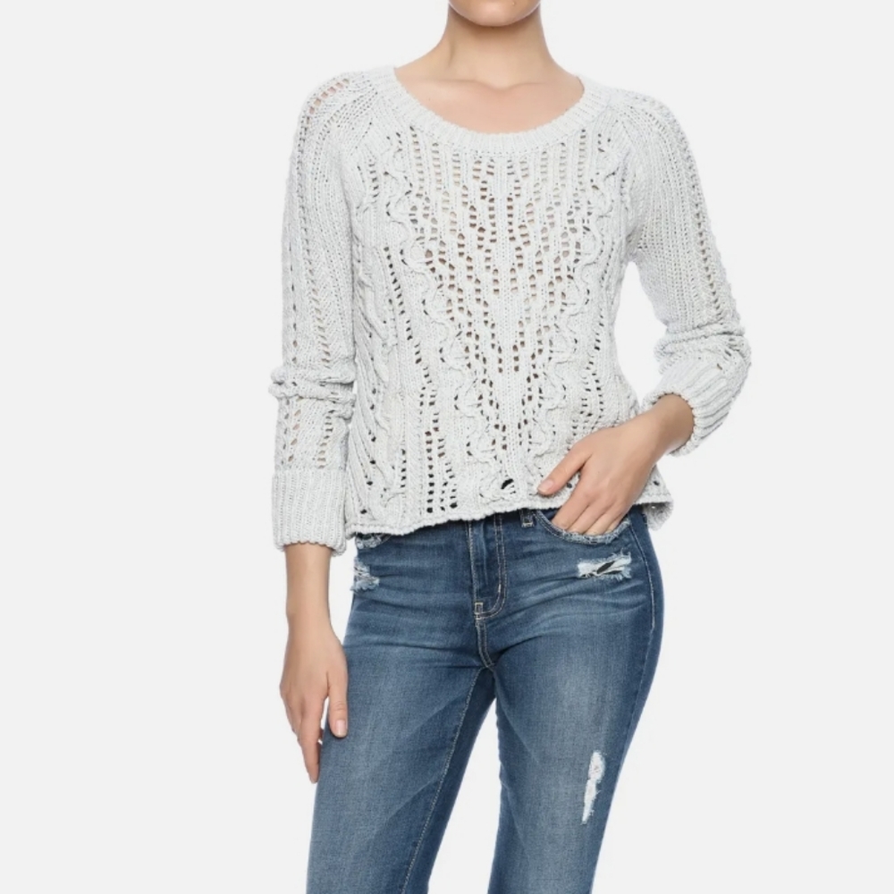 FREE PEOPLE Sz M CROSS CABLE LONG SLEEVE PULLOVER SWEATER IVORY COMBO